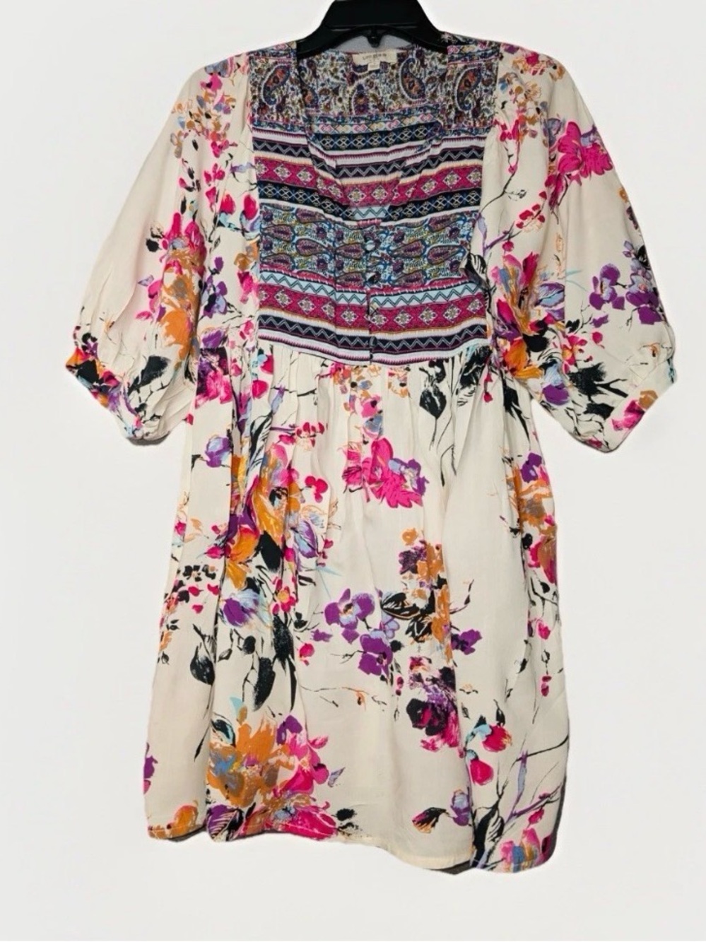 Umgee Boho Peasant Babydoll Dress White Pink Floral Puff Sleeve Festival Size S